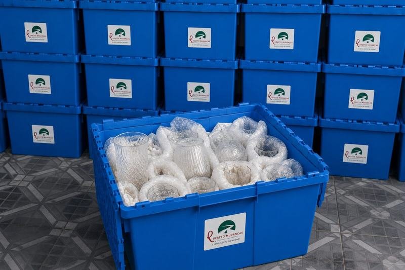 Caixas BOX reutilizáveis com louças embaladas para aluguel